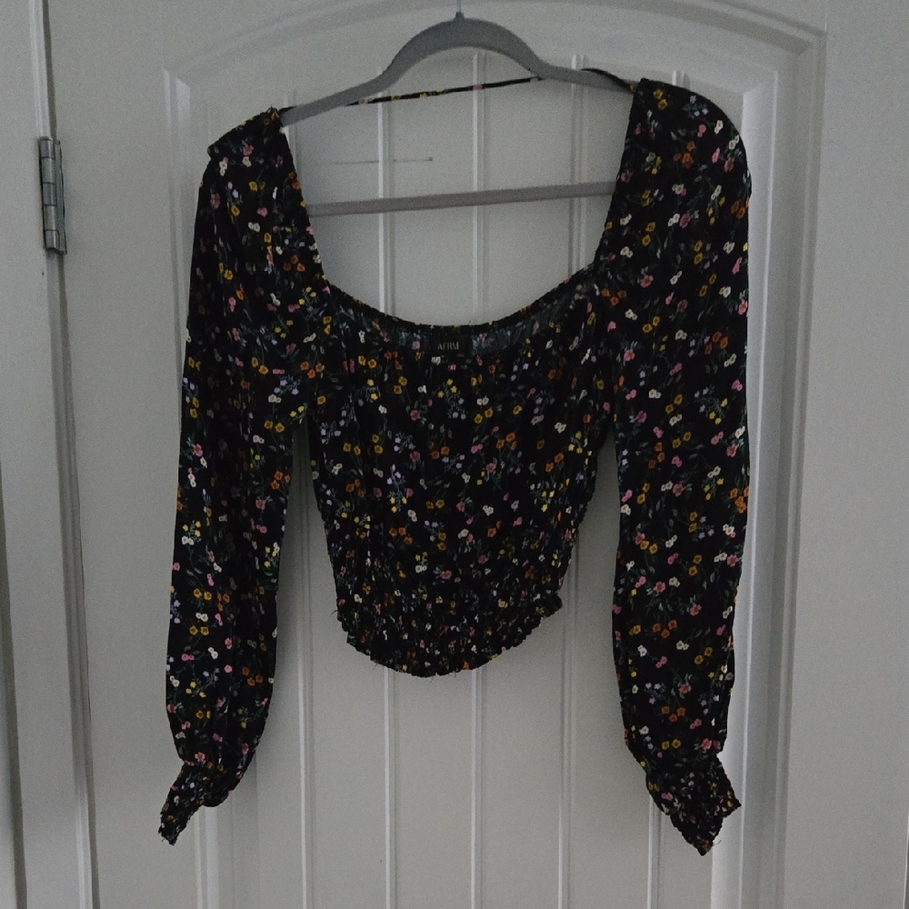 AFRM Black Floral Ruched Long Sleeve Blouse